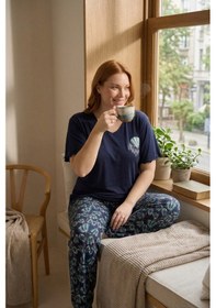 Resim Kadın Büyük Beden Düğmesiz Viskon Kısa Kollu Palazzo Pijama Takımı-oversize Üst Geniş Paça Alt Lacivert 
