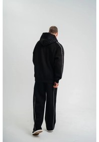 Resim Uzun Kol Kapşonlu Ara Biyeli Baggy Eşofman Takım - Siyah Sİyah 