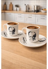 Resim 2'li Atatürk Silüet Ve İmzalı Kahve Fincanı Seti - Baskılı Fincan Takımı Beyaz 