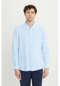 Resim AC&Co / Altınyıldız Classics Erkek Mavı Slim Fit Dar Kesim Düğmeli Yaka Armürlü Gofre Desenli Gömlek Mavi 