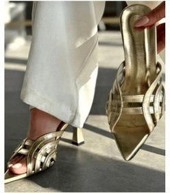 Resim Kırışık Rugan Kafesli Topuklu Terlik Altın 