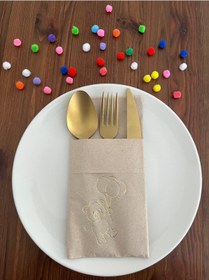 Resim Kraft Üzeri Gold Yaldızlı Sevimli Ayı Baskılı Kanguru Cepli Peçete 12 Adet 