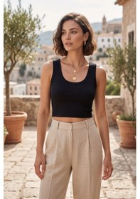 Resim Premium Pamuklu Kumaş Kadın Siyah Crop Atlet - U Yakalı Spor ... Bordo 
