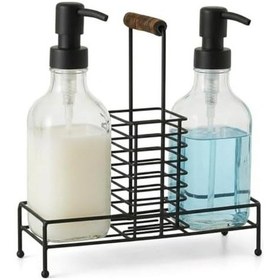 Resim 2'li Cam Dispenser Seti Metal Taşıyıcılı Sıvı Sabun & Deterjan Pompa Şişeleri, Endüstriyel Mutfak & Banyo Organizer 