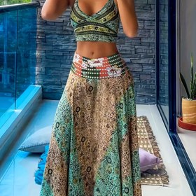 Resim İnce Askılı V Yaka Kolsuz Crop Üst ve Pilili Yüksek Bel Geniş Paça Pantolonlu İki Parçalı Tatil Seti 