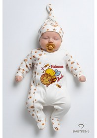 Resim Babyden's Halasının Balı Yazılı Yenidoğan Bebek Tulumu Şapka Seti Arı Desenli %100 Pamuk Çıtçıtlı Bebek Tulum Ekru - Çok Renkli 