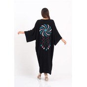 Resim Kadın Siyah V Yaka Sırtı Ve Cepleri Nakışlı Püsküllü Oversize Uzun Elbise - Sıyah 