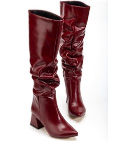 Resim Syt-2002 Bordo Kırışık Rugan Körüklü Kalın Topuklu Günlük Bayan Çizme Açık Bej - Kahverengi 