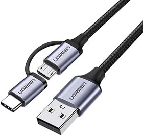 Resim Ugreen 2'si 1 Arada Örgülü Type-C Micro USB Şarj ve Data Kablosu 1 Metre 