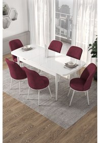 Resim Canisa Kor Serisi 70x114 Açılabilir Mutfak Masası Takımı Beyaz Masa 6 Bordo Sandalye Masa Beyaz Sandalyeler Bordo 