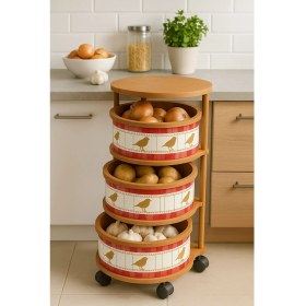 Resim sonnenflügel Love Birds Kuş Desenli 3 Katlı Tekerlekli Çok Amaçlı Ahşap Patates Soğan Sepeti 