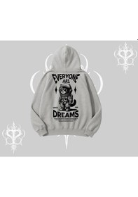 Resim Everyone Has Dreams Yazılı Astronot Kedi Arka Baskılı Kapşonlu Sweatshirt Gri 