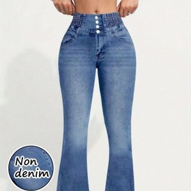 Resim Kadınlar için mavi suni denim tarzı geniş pantolon, uzun pantolon, kadınlar için suni denim baskılı 