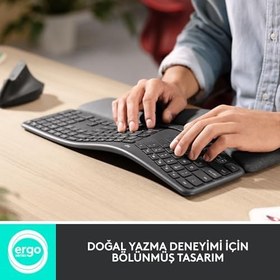 Resim Logitech K860 ERGO Gelişmiş Ergonomik Kablosuz Klavye, Bilek Desteği, Bluetooth ve USB Bağlantılı, Sessiz, Özelleştirilebilir Tuşlu, Konforlu Bölünmüş Türkçe Q Klavye, Siyah 