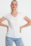 Resim QUHOX Kadın Bambu Kumaş V Yaka T-shirt Beyaz 