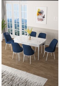 Resim Canisa Concept Zen Serisi 80x132 Mdf Açılabilir Beyaz Mermer Desen Masa Takımı Ve 6 Lacivert Sandalye Masa Beyaz/sandalyeler Lacivert 