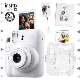 Resim Fujifilm Instax Mini 12 Fotoğraf Makinesi + 20'li Film + Kıskaçlı Stand + Pvc Albüm + Simli Pleksi Kılıf Seti Beyaz 