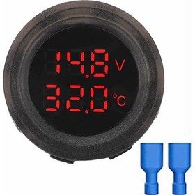 Resim Yuvarlak Voltmetre Termometre 12v 24v Panel Tip Montaj Dijital Kırmızı Renk Led Sıcaklık Isı Voltaj 