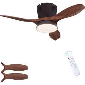 Resim Modern LED Işıklı Tavan Vantilatörü 3 Renk Işık 3 Kademe Hız Sessiz Siyah Gövde Koyu Ceviz Kanat Avize 