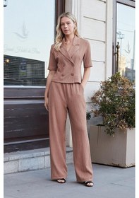 Resim JUMENT Kadın Esnek Kırınkıl Kumaş Yüksek Bel Beli Lastikli Yan Cepli Bol Paça Palazzo Pantolon-camel 
