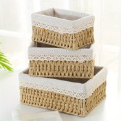 Resim 3'lü Boho Şık Hasır Dokuma Saklama Sepeti Seti - El Yapımı Kozmetik & Küçük Eşya Düzenleyici, Kumaş Astarlı Vintage Ülke Stili, Ev Düzeni için Yığılabilir Dikdörtgen Hediye Kutuları, Ev Düzeni için Saklama Kutuları 
