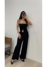 Resim Defymoda Kadın Sendy Kumaş Bağcık Detaylı Asimetrik Takım Siyah 