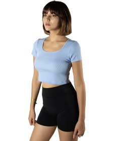 Resim Veaven Mavi Havuz Yaka Fitted/vücuda Oturan Kısa Kol Crop Tişört Mavi 