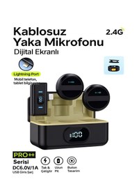 Resim Lightining Girişli 300mah Dijital Göstergeli 2.4g Kablosuz Çift Yaka Mikrofonu Pro++ 
