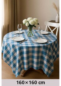 Resim Fiber Kareli Masa Örtüsü Sofra Bezi Ekose Desen 160x160 Cm Turkuaz Renkli 