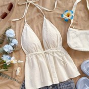Resim Kadınların şık beyaz halter boyunlu, dantelli, omuzları açık, florallı dokulu ve yüksek kesim detaylı tank üstü - Esneklik olmayan, kısa kollu, normal fit, ilkbahar/yaz/sonbahar için. 