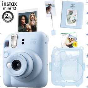 Resim Fujifilm Instax mini 12 Mavi Fotoğraf Makinesi-20'li Film-Kıskaçlı Stand-PVC Albüm ve Simli Pleksi Kılıf Seti 