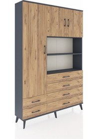 Resim Arges Dolap 8 Raflı 6 Çekmeceli 3 Kapaklı 132x30x195 Antrasit-çam/çam Atlas Çam/atlas Çam 