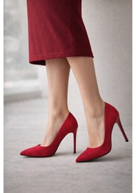 Resim Firibu Kadın Stiletto Sivri Burun İnce Topuk Şık Klasik Ofis & Abiye Ayakkabı 35-41-42 Özel Numara Esensstiletto Kırmızı - Süet 