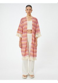 Resim Koton Uzun Kroşe Kimono Püsküllü Dirsek Boy Pembe Desenli 4sak30058ek Pembe 