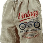 Resim Erkek Vintage Motosiklet Baskılı Şortlar, Rahat Polyester Plaj Altı, Düzenli Kesim Bağcıklı Dokuma Kumaş, %100 Polyester 120g/m² - Avrupa ve Amerika Modası 