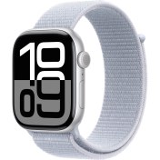 Resim Apple Watch Series 10 GPS + Cellular, 46 mm Gümüş Rengi Alüminyum Kasa ve Bulut Mavisi Spor Loop 