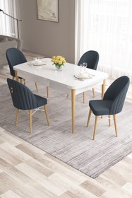 Resim Canisa Roz Serisi,80x132 Mdf Beyaz Mutfak Masası Takımı Doğal Ahşap Ayak Beyaz Kafesli 4 Antrasit Sandalye 