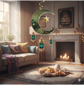 Resim Ramazan Ay Yıldız Kandil Tavan Süs Sarkıt 90x30 Cm Yeşil Dekor 