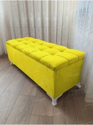 Resim Çizgi Kapitoneli Sandıklı Puf 100 Cm Beyaz Ayak Sarı 