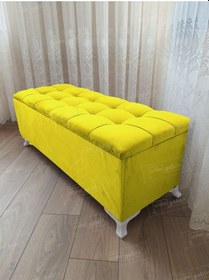 Resim Çizgi Kapitoneli Sandıklı Puf 100 Cm Beyaz Ayak Sarı 