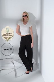 Resim Arkası Lastikli Önü Düz Geniş Paça Keten Lyocell Karışımlı Kadın Pantolon @Lemon - Siyah / S 