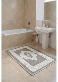 Resim Pamuklu Kaymaz Taban Dikdörtgen Banyo Paspası Yüksek Emici Pamuk Dokuma Banyo Halısı 80 X 150 Cm Boyutlarında Bej 