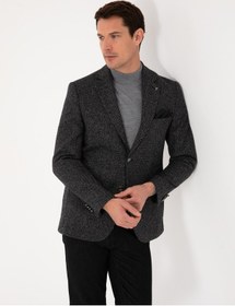 Resim Cacharel Siyah Slim Fit İpek Kaşmir Karışımlı Mikro Desenli Blazer Ceket 