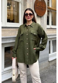 Resim WeShaya Kadın Haki Balon Kol, Pileli, Yırtmaçlı, Oversize, Keten Tunik Gömlek Haki 