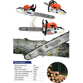 Resim MUR-5201 Benzinli Testere Hızar Motoru Ağaç Odun Kesme Testeresi 52CC 