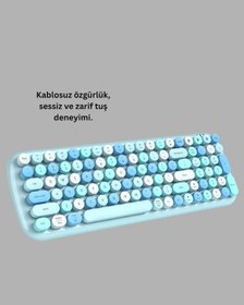 Resim Kablosuz Retro Klavye Ve Mouse Seti - 104 Tuşlu Sevimli Tasarım 