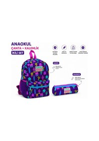 Resim Coral High Kaktüs Baskılı Anaokulu Çantası 23337+ Üç Bölmeli Kalemlik 22313 Çok Renkli 