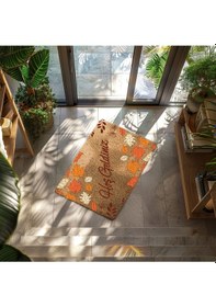 Resim Rengarenk Kare Desen Dekoratif Kapı Önü Paspası Turuncu 
