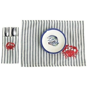 Resim Çizgili Keten Yengeç Nakışlı Amerikan Servis Ve Çatal Kaşıklık So 