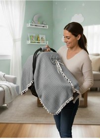 Resim Örgülü Keten Puset Örtüsü - Yeşil Renk Ponponlu Bebek Taşıma Örtüsü Gri 